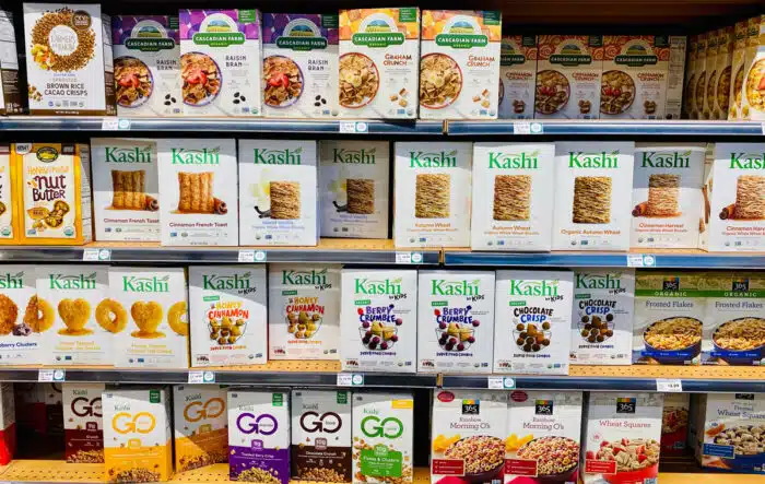 Closeup of Kashi and other dry cereals inside a Whole Foods Market.