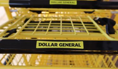Close up Dollar General Discount Store shopping carts.