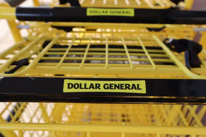 Close up Dollar General Discount Store shopping carts.