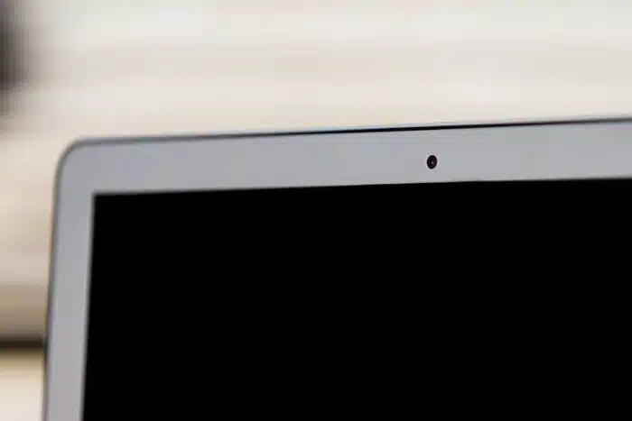 Close up of a webcam on a laptop. Virtual room scan concept.