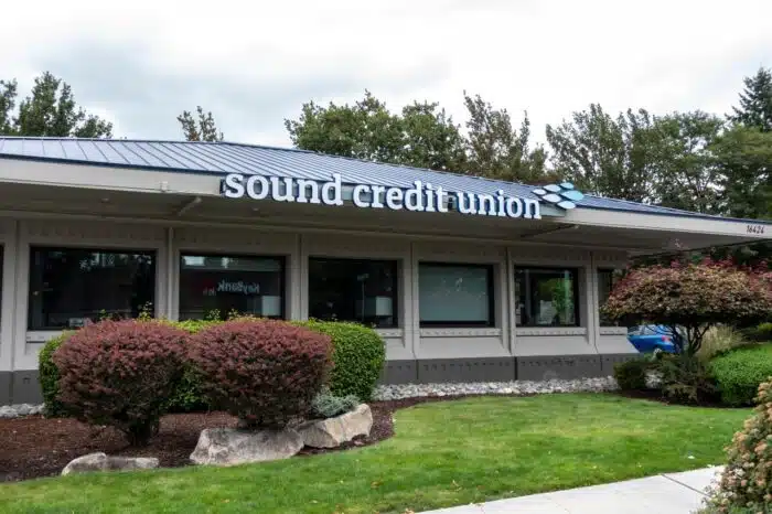 Street view of the entrance to Sound Credit Union on an overcast day.
