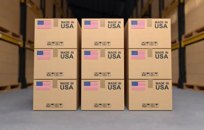 Products made in USA, cardboard boxes in the warehouse.