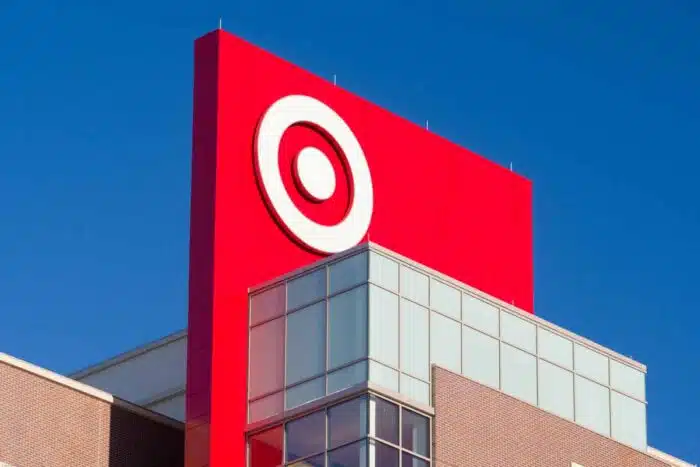 Target Corporation corporate headquarters and logo against a blue sky.