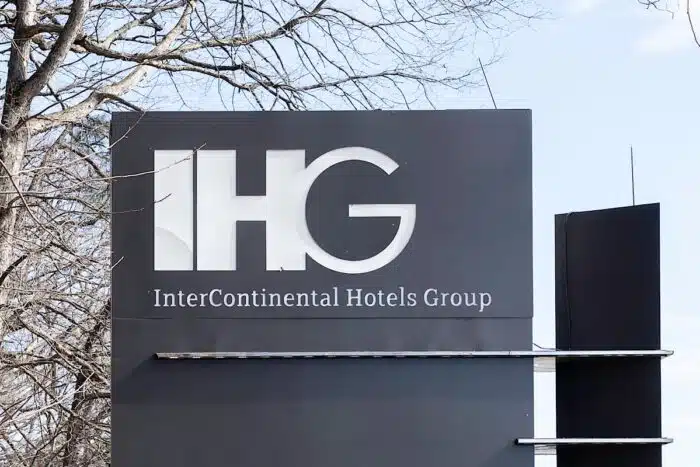 Close up of InterContinental Hotels Group (IHG) sign at their US Headquarters in Atlanta, Georgia, USA.