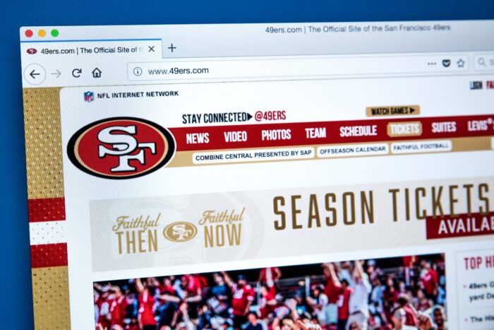 The homepage of the official website for the San Francisco 49ers