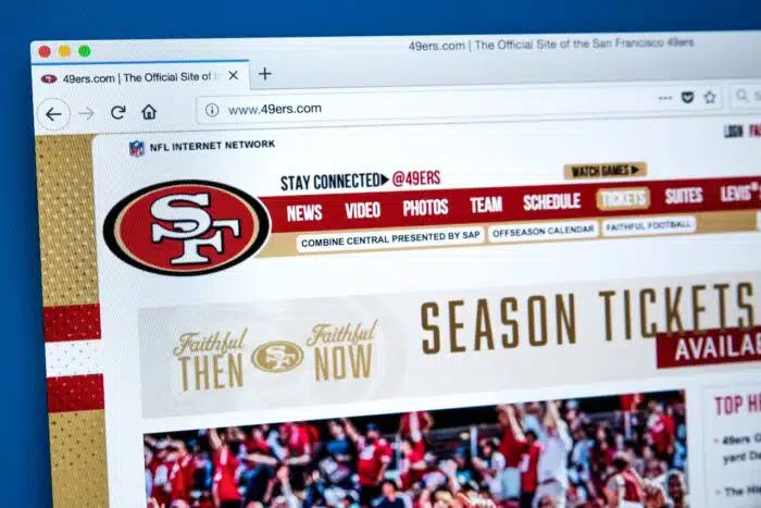 The homepage of the official website for the San Francisco 49ers