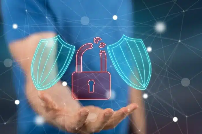 Cyber security concept above the hand of a man in background; Bricker & Eckler data breach concept, data breach lawsuit.