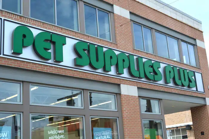 Close up of Pet Supplies Plus signage on exterior of store.