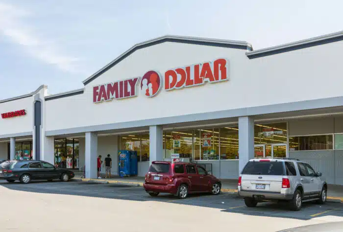 Exterior of a Family Dollar location against a blue sky.