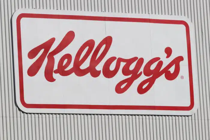 Close up of Kellogg's signage on exterior of building.