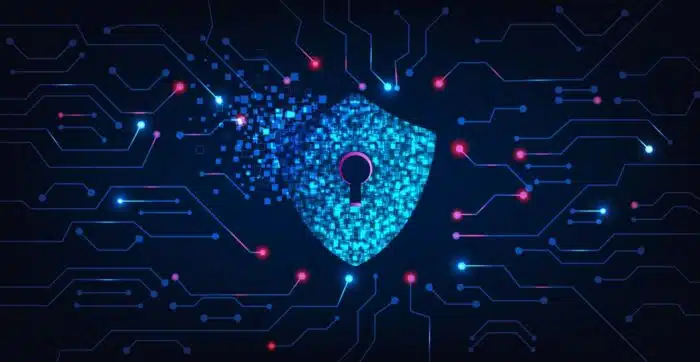 Cyber security destroyed.Shield destroyed on electric circuits network dark blue.Cyber attack and Information leak concept - dupage medical group lawsuit - data breach settlement