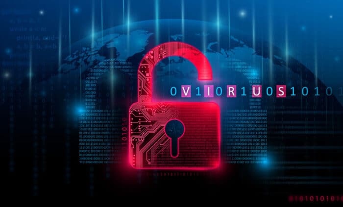 Security breach, system hacked alert with red broken padlock icon showing unsecure data under cyberattack - presidio employees settlement
