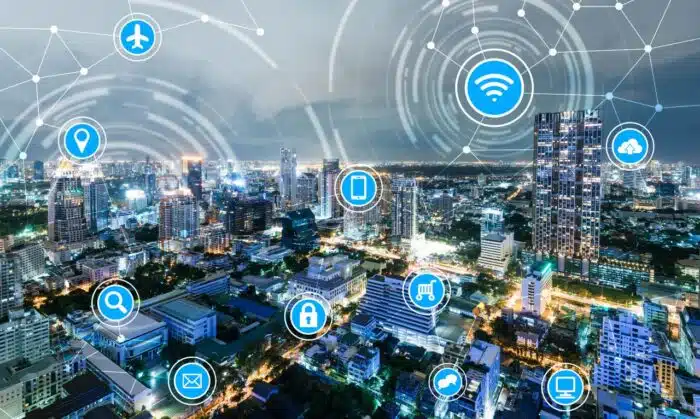 icons of wifi, internet, communication, travel, computer and kinds of technology for smart city conceptual