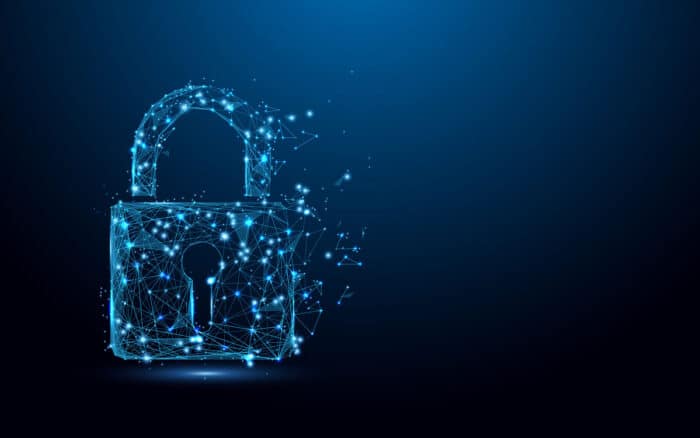 Lock symbol from lines and triangles, point connecting network on blue background.