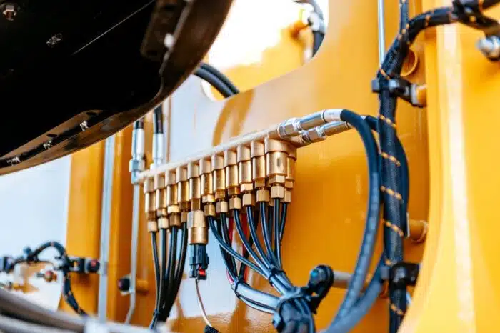 Pipes and tubes of the hydraulic system of a modern excavator tractor - napa tractor fluid
