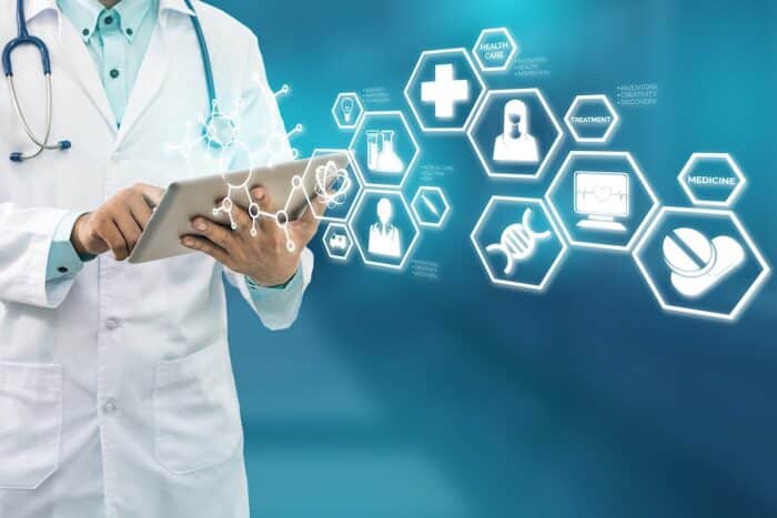 Doctor in hospital lab with research icons in modern interface showing Data breach concept.