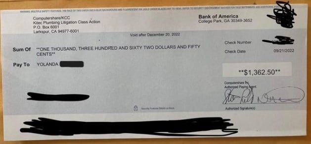 Kitec Check 9-27-22 class action settlement payout