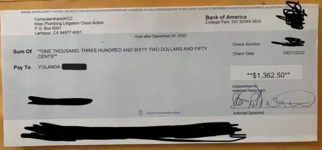 Kitec Check 9-27-22 class action settlement payout