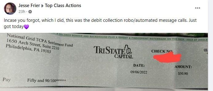 National Grid FB check 9-11-22 class action settlement payout