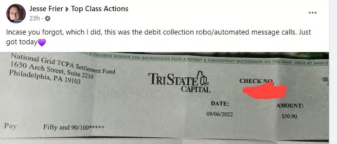 National Grid FB check 9-11-22 class action settlement payout