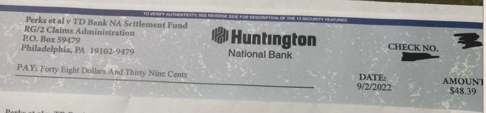 TD Bank NSF Fees 9-8-22 settlement payment