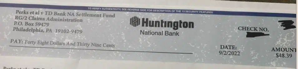 TD Bank NSF Fees 9-8-22 settlement payment