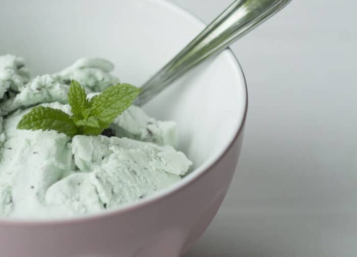 Close up of mint chocolate chip ice cream in a bowl.