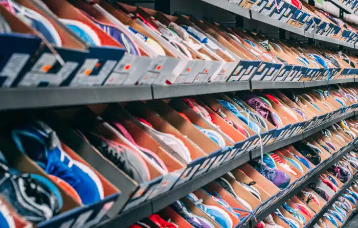 Shoes in boxes on a shelf inside a shoe store ready to be sold.