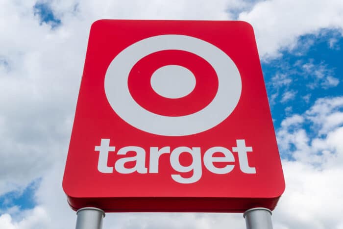 Close up of Target signage against a blue sky.