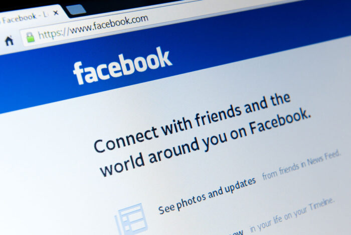 Close-up of the Facebook landing page on a computer screen.