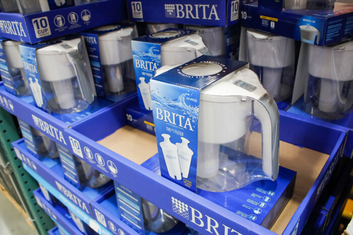 A view of several packs of Brita water filter kits, on display at a local big box grocery store.