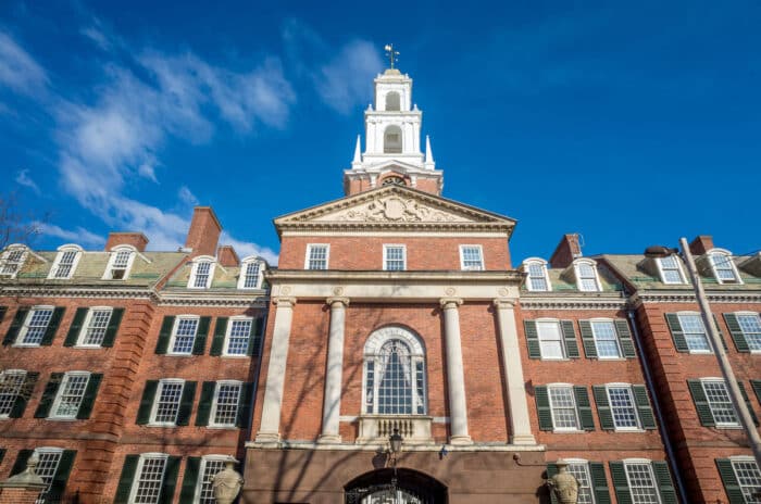 Yale university buildings in spring blue sky in New Haven, CT USA.