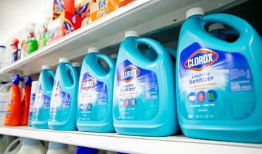 A view of several containers of Clorox laundry detergent, on display at a local department store.