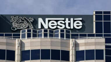Close up of Nestle signage on exterior of its headquarters building in the USA.