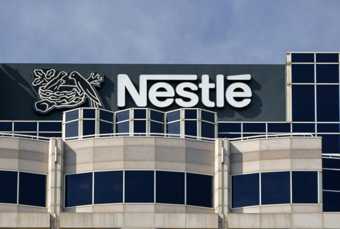 Close up of Nestlé signage outside its US headquarters.