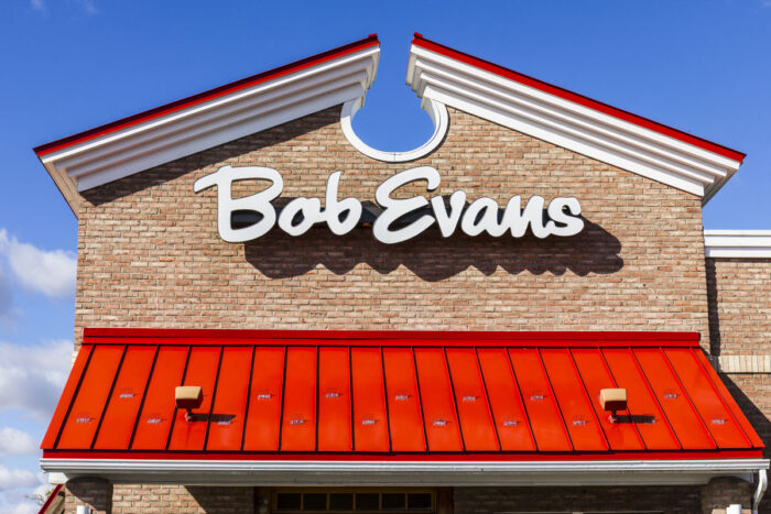 Bob Evans Restaurant against a bright blue sky.