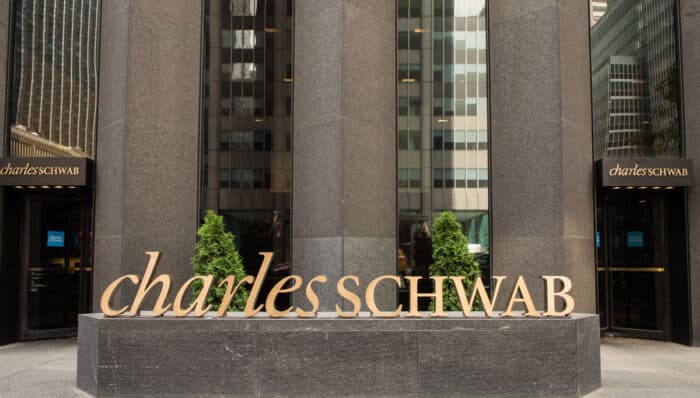 Charles Schwab Office Building Exterior Signs in Midtown Manhattan.
