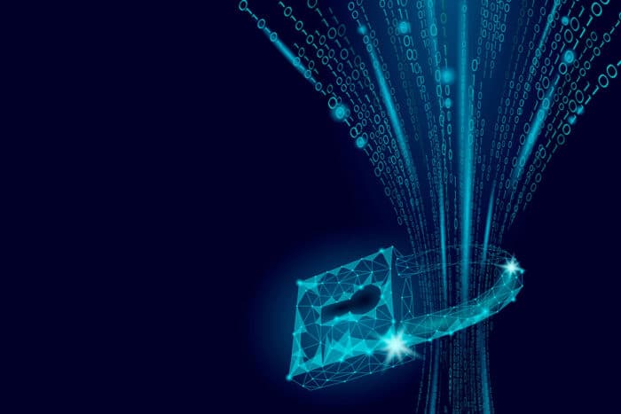 Graphic illustration of numerical data going through a padlock. Data breach concept.