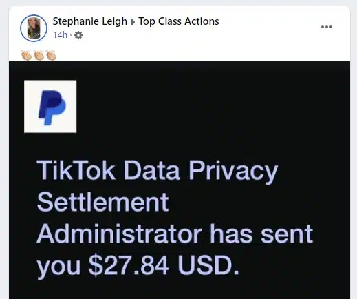 TikTok Data Privacy Settlement FB 10-27-22 mail payments