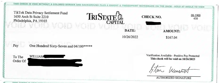 TikTok Data Privacy Settlement FB 10-31-22 mail payments