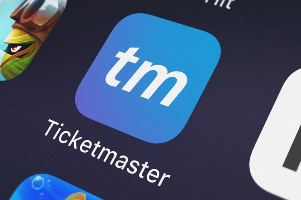 Close up of the Ticketmaster app displayed on a smartphone screen.