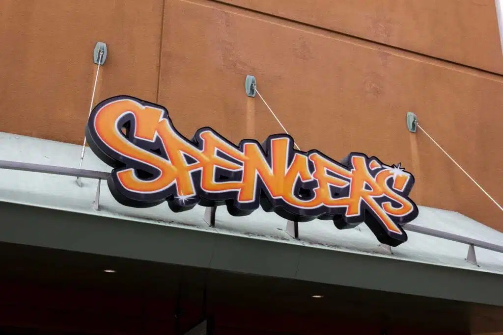 A store front sign for the gag gift retailer known as Spencer's, representing the Spencer’s data breach class action lawsuit settlement.