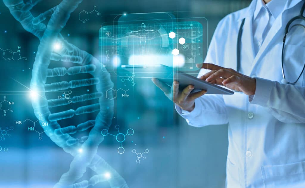 Close up of a doctor touch a digital tablet, with a data breach concept overlay.
