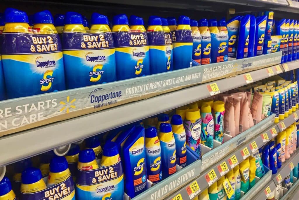Coppertone sunscreen on a shelf inside of a store.