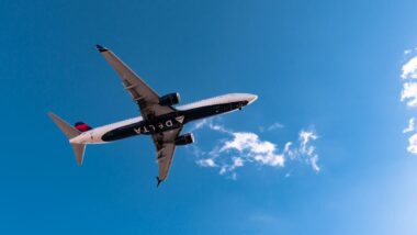 Delta Airlines airliner is flying in sky on sunny day.