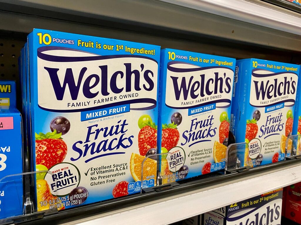 Welch's mixed fruit snacks in boxes on a grocery store shelf