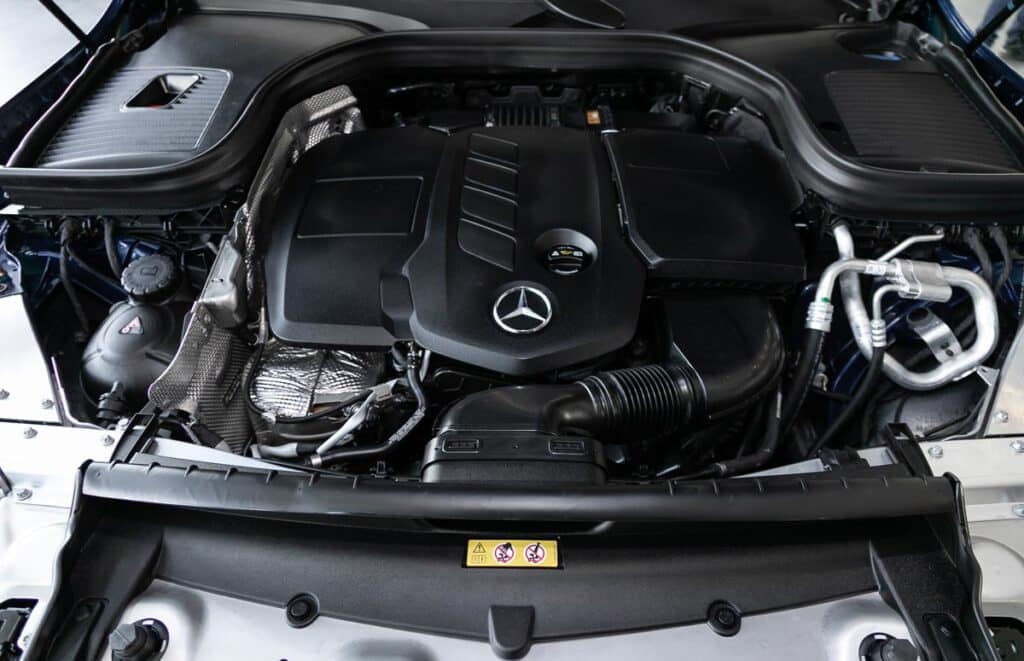 Close up of a Mercedes engine.