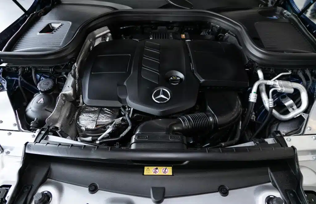 Close up of a Mercedes engine.