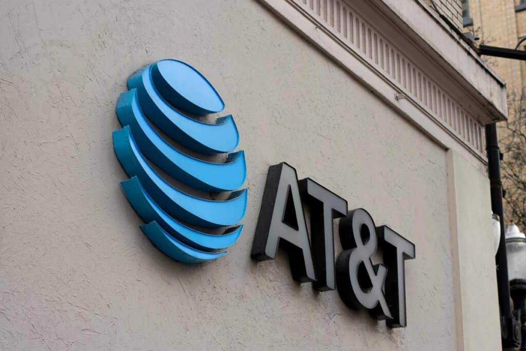 Closeup of the ATT logo seen outside one of its retail stores in downtown Portland, Oregon, representing the AT&T wage-and-hour settlement.
