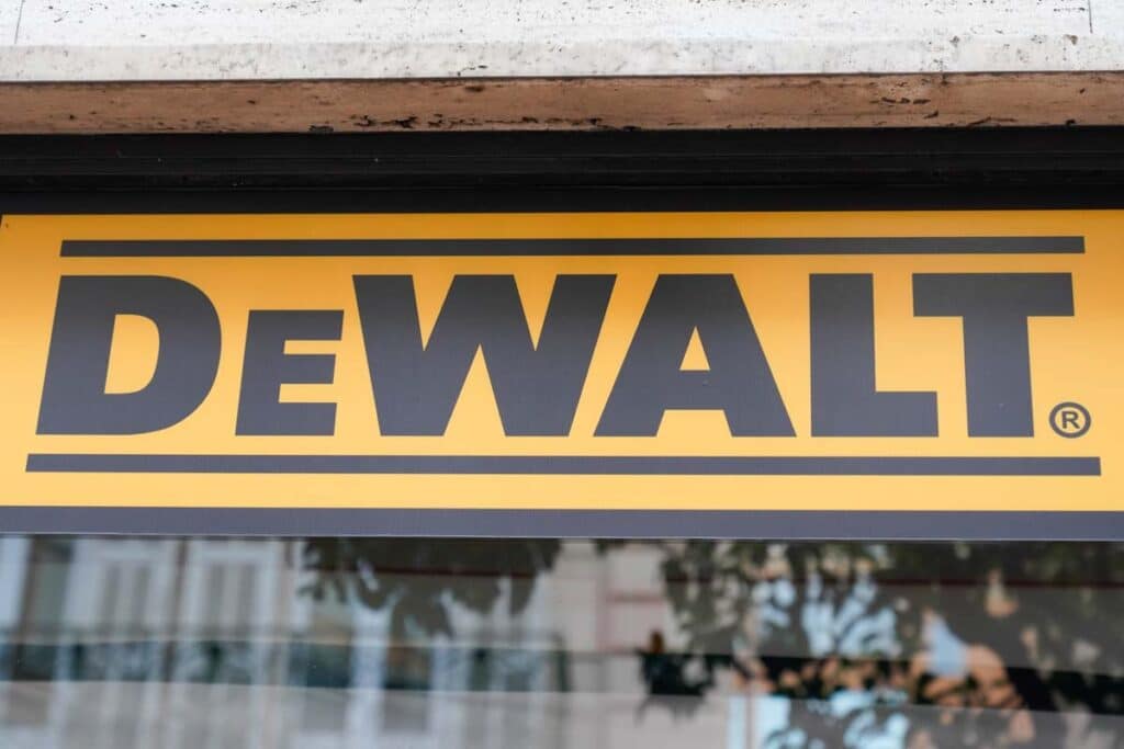 Close up of DeWalt signage on exterior of building.